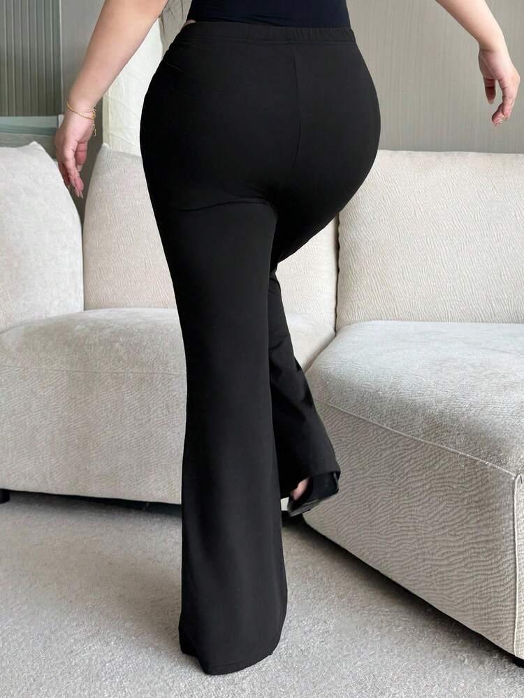 Dazy Plus Plus Size Women Letter Print Elastic Waist Drawstring Flare Leg Long Pants, Black, Autumn