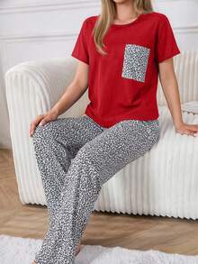 EURMUSE Cotton 2 Pcs Leopard Pocket Detail Short Sleeved Top Pattern Sleep Bottom Homewear Pajama Set Sleeping Dark Red White Animal Print Casual - Red - View 1