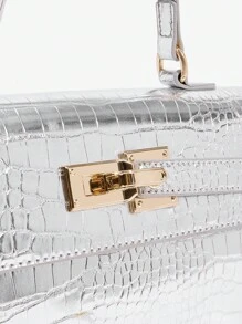 SHEIN BAE 时尚高端金属鳄鱼压纹迷你手提包 - 銀色 - 查看 7