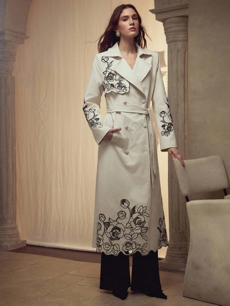 LASER CUT EMBROIDERY FLORAL DETAIL LAPEL COLLAR DOUBLE BREASTED PLACKET BELTED TRENCH COAT,FALL