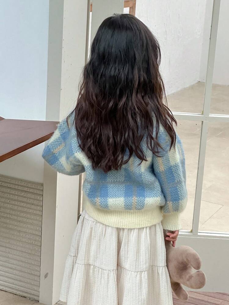 Young Girls Plaid Round Neck Casual Long Sleeve Sweater, Spring/Autumn