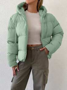 EURMUSE Zippered Hooded Padded Coat With Drawstring Details - Green - View 1