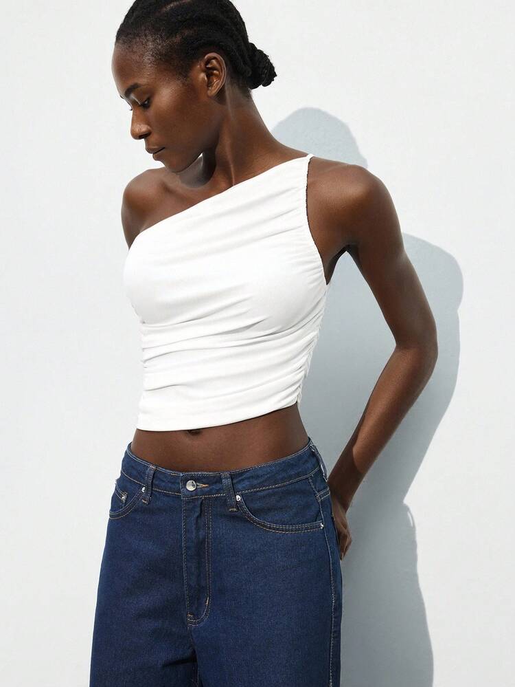 SHEIN Maija Women's Asymmetrical Cut Asymmetric Shoulder Ruched Mesh Top, Modern Elegant For Party, Spring/Summer St Patrick's Day Women Easter Summer Easter Women Party Top Beach Summer Holiday Beach Vacation Summer Going Out Graduation