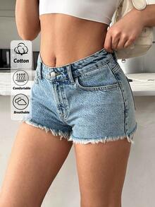 EURMUSE Low Waist Frayed Hem Mini Denim Short Women Denim Shorts Short Outfits For Women Summer Outfits For Women Shorts Short Jeans For Woman - Light Wash - View 1