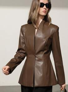 Aveloria Modichic PU Leather Stand Collar Fashionable Classic Versatile European & American Style Luxury Blazer Fall Winter Cloth For Women - Coffee Brown - View 4