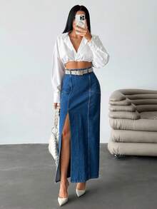 SHEIN Cottnline Chân váy denim dài xẻ tà phía trước lưng thấp - Rửa trung bình - Xem 3