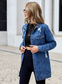 RueChic 100%Cotton Ripped Flap Pocket Denim Coat