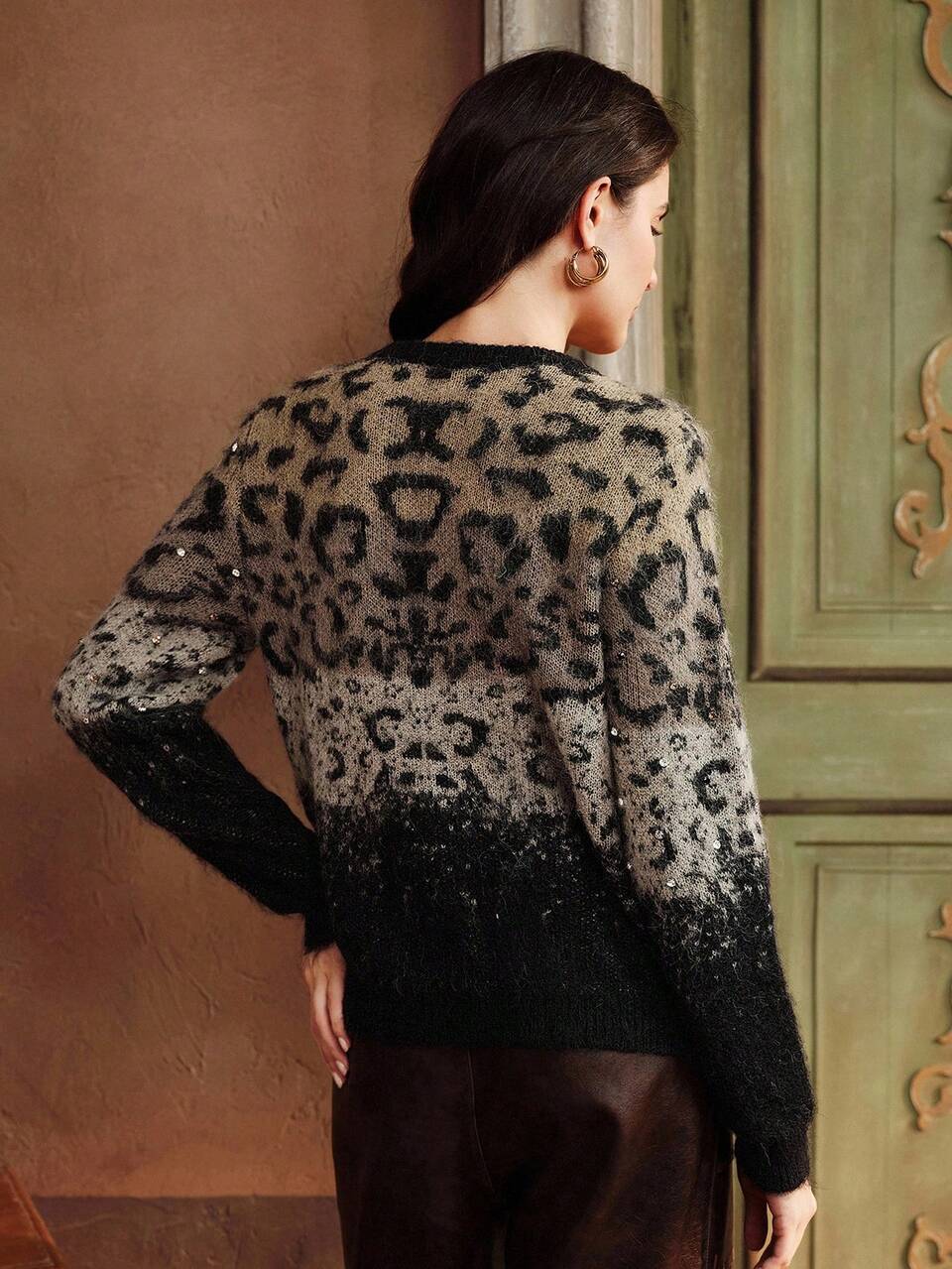 Women's Casual Short Rhinestone Leopard Print Knit Cardigan