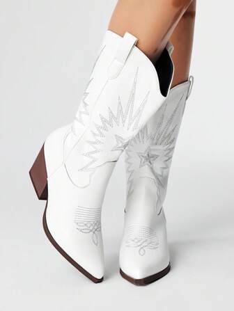 Fairycore Women's White Pointed Toe Chunky Heel Embroidered Western Boots, Leather, New Autumn/Winter Outdoor Fashion Mid-Calf Boots