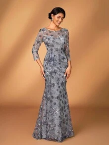 Serin 优雅奢华灰色亮片刺绣亮片串珠圆领褶饰裹身中长连衣裙，适合晚会、约会、音乐节、舞会、婚礼、新娘母亲礼服 - 灰色 - 查看 3