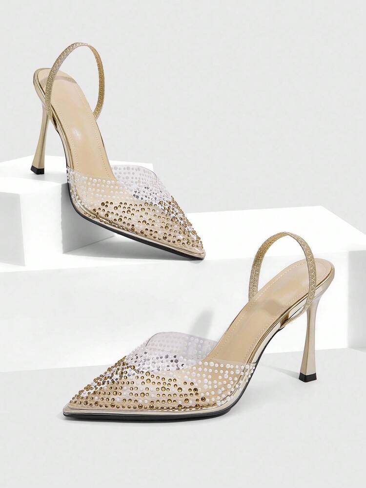 CUCCOO SZL Women's Pointed Toe Rhinestone Decor Elegant High Heel Mule Shoes