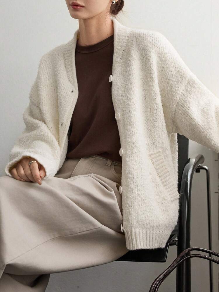 Women's Solid Color Drop Shoulder Long Sleeve Single-Breasted Casual Loose Knit Cardigan, Autumn Jacket Business Casual Woman