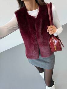 Aloruh Sleeveless Basic Outerwear, Elegant Fashion Faux Fur Coat In Fall/Winter - Burgundy - View 6