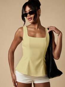 MISSGUIDED Square Neck Peplum Top Sleeveless Fitted Waist Summer Blouse Casual Evening Party Office Business Professional Wear Classic Elegant Fashion Formal Top For Women - Beige - View 6