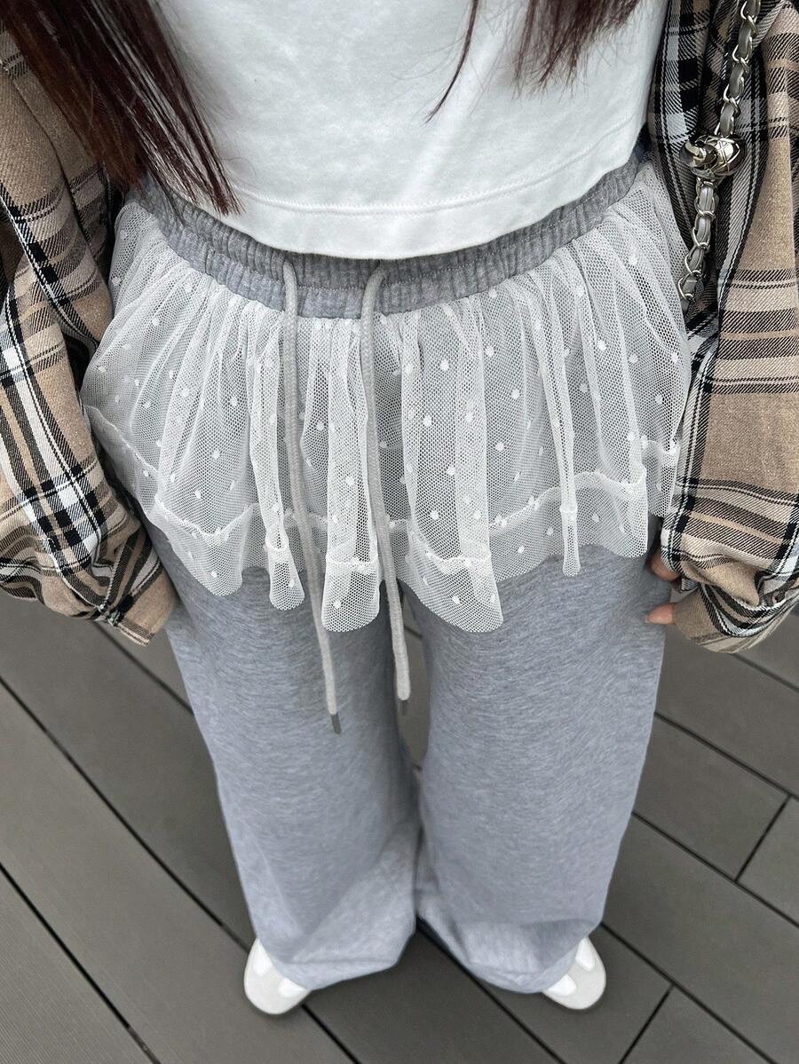 FRIFUL Women's Gray Solid Color Waist Drawstring Patchwork Polka Dot Mesh Flared Loose Casual Straight Pants, Suitable For Airport Travel, Autumn - Grey - View 1