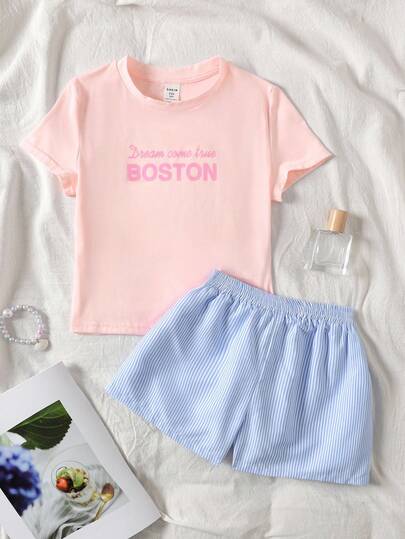 SHEIN Conjunto de pijama de 2 peças, camiseta e shorts listrados, estampa minimalista de letras, gola redonda, manga curta, casual e confortável