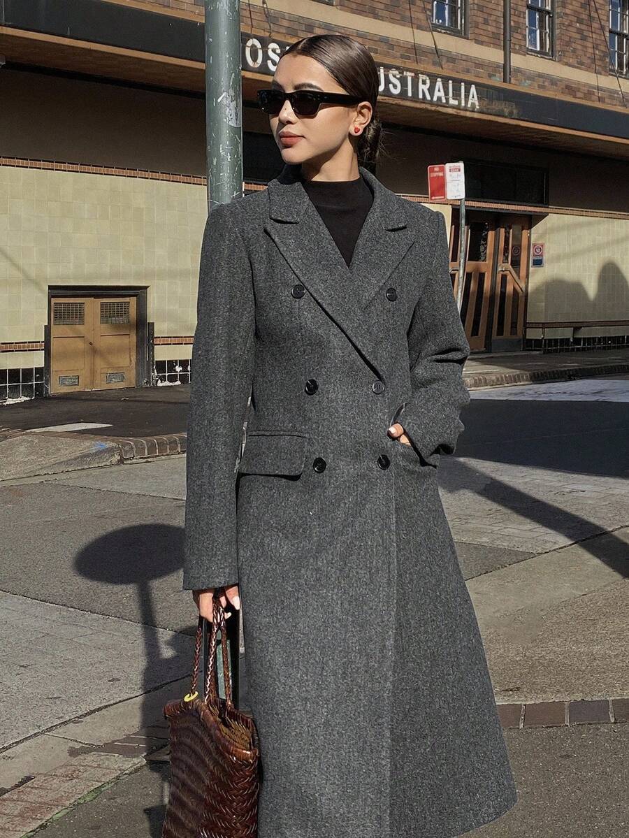 DAZY 女士休闲翻领长袖双排扣大衣，秋冬 - 深灰色 - 查看 1