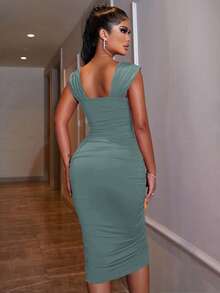EURMUSE Women's Solid Color Heart Neck Elegant Ruched Sleeveless Dress - Mint Green - View 2