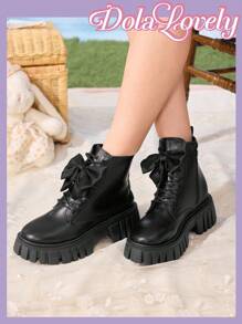 Dola Lovely 新款女式欧美风格靴子，前系带，侧拉链，蝴蝶结装饰，复古圆头，甜美酷炫，厚底，时尚踝靴 - 黑色 - 查看 3