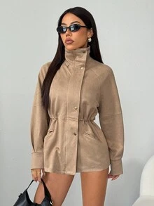 SHEIN PETITE Women's Solid Color Waist Cinched Faux Suede Jacket, Suitable For Commuting In Fall/Winter - Khaki - View 10