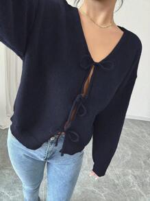 Selianne Áo cánh dài tay buộc dây phía trước màu trơn dành cho nữ, thiết kế đơn giản để mặc hàng ngày, áo khoác cardigan dáng ngắn màu đen, áo khoác cardigan nơ cho bé gái, áo khoác cardigan dáng ngắn màu đen - Màu xanh hải quân - Xem 4