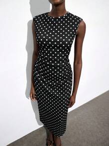 Maija 女式波尔卡圆点露背修身无袖连衣裙，都市商务休闲海滩度假音乐节服装，适合万圣节、圣诞节、派对，优雅连衣裙 - 黑色 - 查看 2