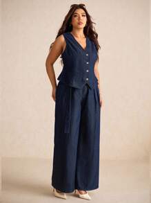 Elaquor Plus Size Dark Blue Denim Two-Piece Sleeveless Vest Plus High Waist Straight Pants Can Be Layered And Worn For An Elegant French Autumn Outfit