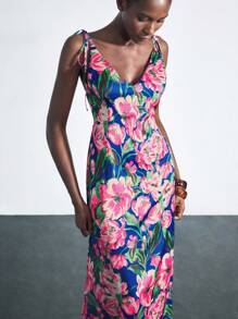 Maija 优雅花卉印花缎面连衣裙，适合海滩、音乐节、婚礼宾客、早午餐、波西米亚风格、女士生日装、秋冬 - 粉色 - 查看 5
