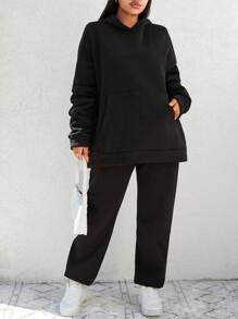 SHEIN Cottnline Cotton Plus Pocket Drop Shoulder Hoodie & Sweatpants - Black - View 5