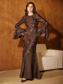 Anewsta 浪漫优雅腰部收腰刺绣花朵喇叭袖连衣裙 - 咖啡 - 查看 5