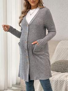 SHEIN Maternity Solid Color Long Sleeve Single-Breasted Ribbed Dual Pocket Casual Thin Jacket - Grey - View 5