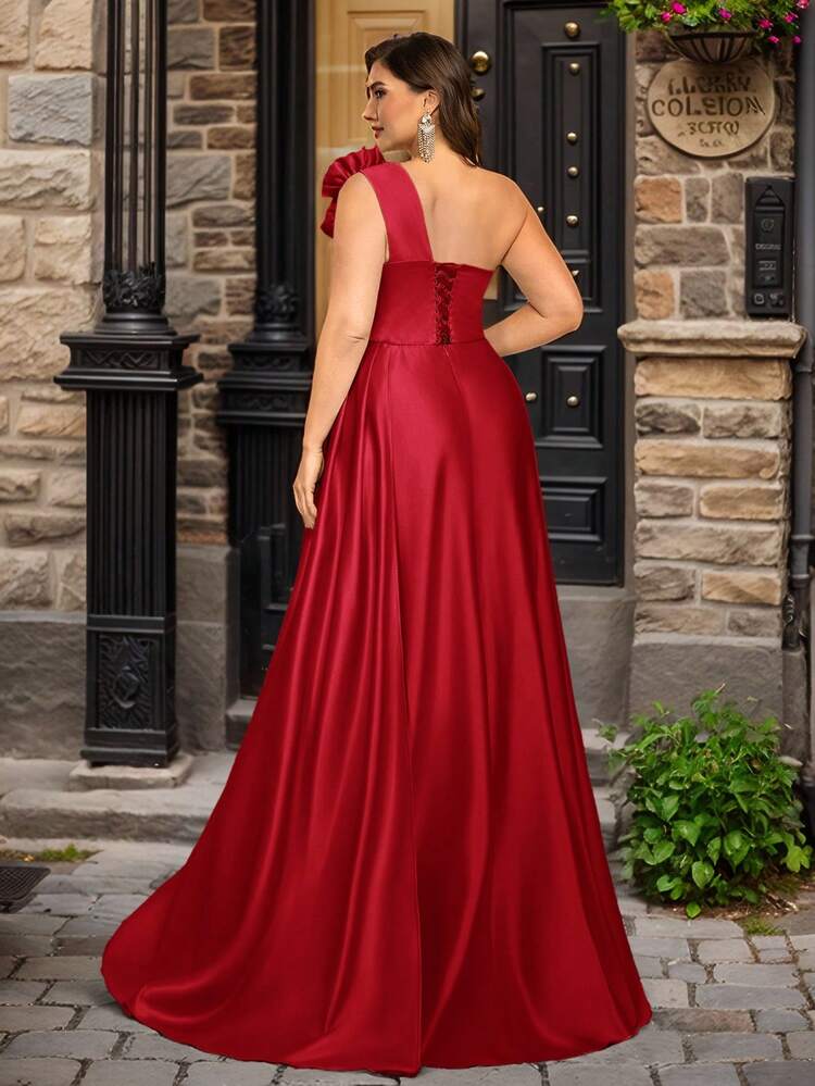 Glamrae Vestido de noche formal de talla grande elegante y romántico con un hombro, escote de corazón, decoración floral 3D, abertura alta en la falda de cola de sirena con aplicaciones - Rojo - Añade 3