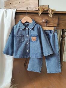 Vintaside Kids Bộ 2 áo khoác denim tay dài cổ xanh thời trang cho bé trai, áo sơ mi và quần dài, họa tiết thêu hình gấu, phù hợp mặc thường ngày mùa thu/đông - Rửa nhẹ - Xem 4