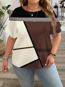 EMERY ROSE Plus Size Women's Asymmetrical Pattern Colorblock Patchwork Round Neck Short Sleeve Blouse, Summer Chic Blouses For Women - Brown - View 4