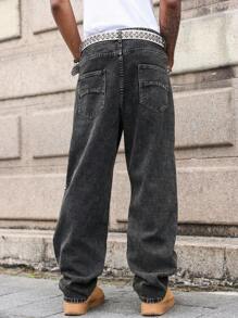 Manfinity EMRG Men's Casual Street Style Rivet Loose Slant Pocket Denim Jeans - Dark Grey - View 2