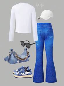 SHEIN ChillGRL Tween Girls 2 件套：时尚休闲明星和昨日印花短款长袖上衣和修身阔腿裤 - 藍色 - 查看 2