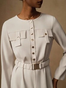 Lyxana Jumpsuit Wanita Elegan Warna Polos dengan Leher Bulat dan Gesper Logam, Pakaian Musim Gugur untuk Wanita - Aprikot - View 3