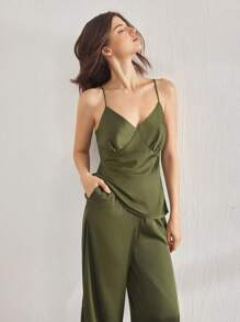 Ocili Bộ đồ ngủ dài tay và quần dài bằng vải satin trơn màu trơn cổ chữ V cho nữ, đơn giản và thoải mái - màu xanh lá - Xem 7