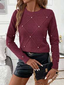 Editum Áo len nữ họa tiết kim cương mùa đông đính ngọc trai, cổ tròn, thích hợp cho kỳ nghỉ, tiệc tùng, lễ hội âm nhạc, đồ mặc nhà, sự kiện trở lại trường, làm quà tặng và mua sắm, áo len mùa thu, trang phục nữ thanh lịch, áo cơ bản - Màu Đỏ Sâu - Xem 5