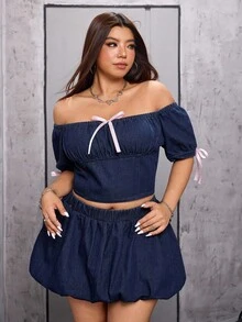 SHEIN ICON 大码女式时尚休闲蝴蝶结装饰露肩上衣 - 深色水洗藍 - 查看 4