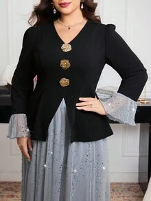 Modelyn 大码亮片装饰长袖上衣和裙子两件套 - 黑色 - 查看 5