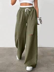 CasuGlow Drawstring Waist Cut Out Casual Sweatpants - Olive Green - View 7