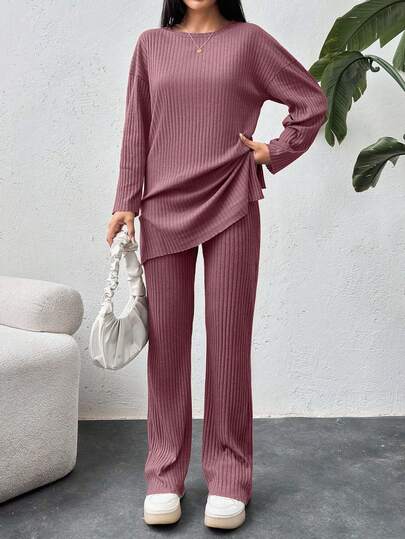 EURMUSE Cotton Drop Shoulder Split Hem Tee & Pants