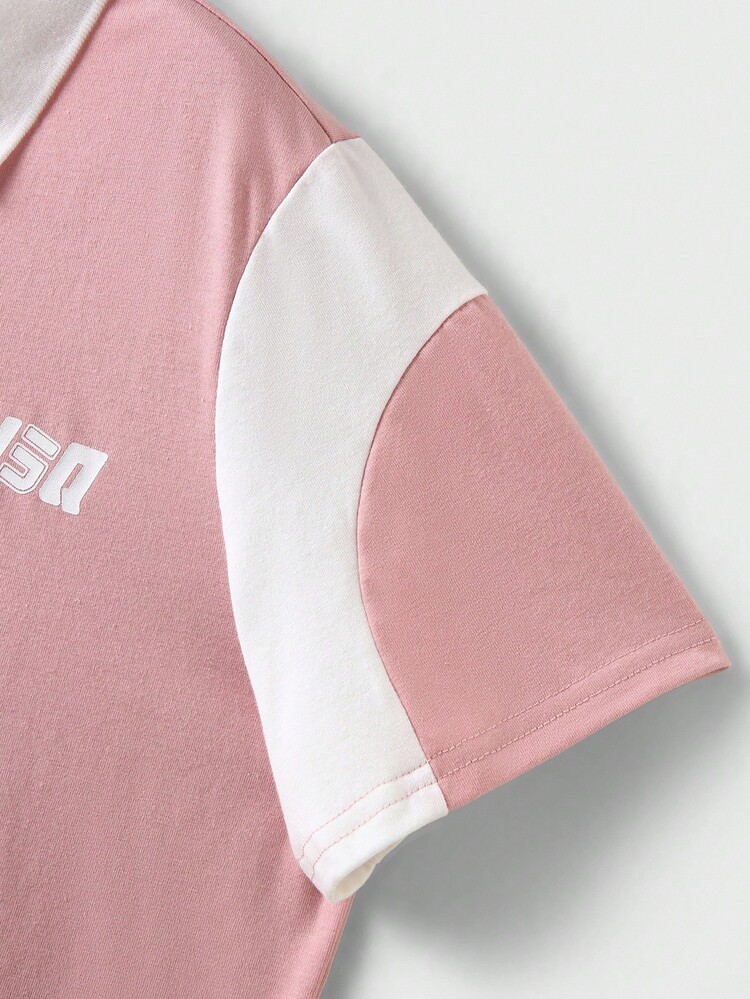 JNSQ Back To School Tween Girl Polo Collar Color Block Loose T-Shirt - Pink - View 6