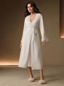 Anewsta Bộ đồ ngủ nữ kiểu Pháp cổ điển thanh lịch, thích hợp cho mùa lễ hội, kỳ nghỉ, mùa đông. - trắng - Xem 6