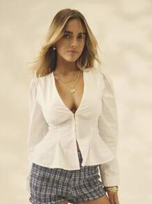 Aralina 女式纯色深V领泡泡袖前扣时尚衬衫 - 白色 - 查看 6