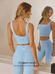 GLOWMODE FeatherFit™ Ribbed Flex Soft Square Neck Sports Bra Low Impact Yoga Pilates Studio Daily Casual Wear Removable Cups Fall Winter - Baby Blue - View 3
