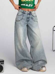 EURMUSE 低腰复古水洗斜口袋阔腿牛仔裤 - 中等水洗藍 - 查看 3