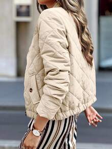 SHEIN Unity 女式纯色长袖拉链休闲棒球夹克，秋冬 - 杏色 - 查看 5