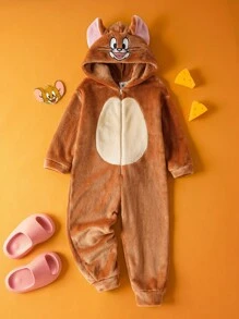 TOM & JERRY X SHEIN 小男孩棕色可爱小老鼠杰瑞刺绣图案立体耳朵早教快乐连帽角色扮演服装，适合秋冬季、万圣节和派对